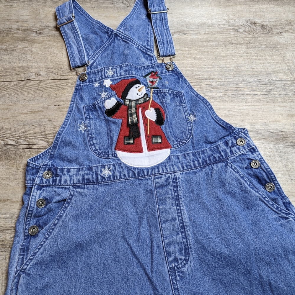 Women's snowman winter holiday denim overalls vintage medium y2k